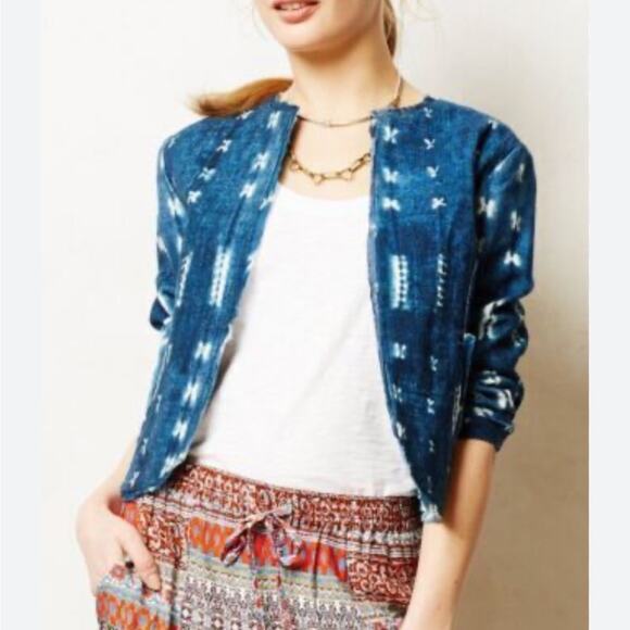 ANTHROPOLOGIE JIL SHIBORI GREYLIN DENIM PATTERNED BLAZER BLUE XS - Picture 1 of 7